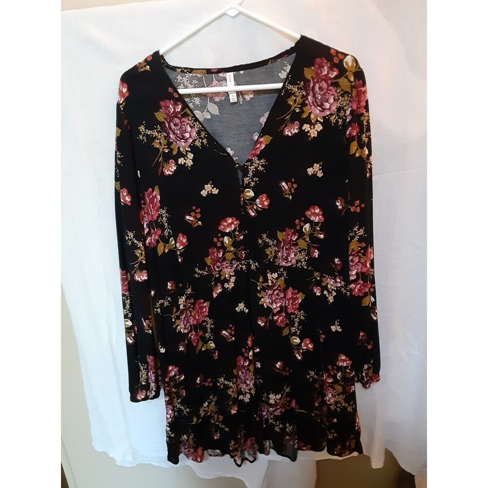 Black dress with pink floral Xhilaration XL Long Sleeve Elastic waist